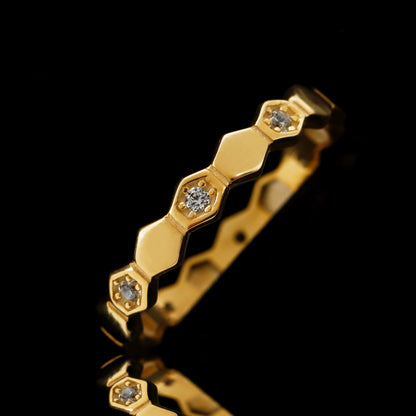 Geometric Hexagon Band Ring, Sterling Silver, CZ Diamond Accents, Modern Statement Jewelry