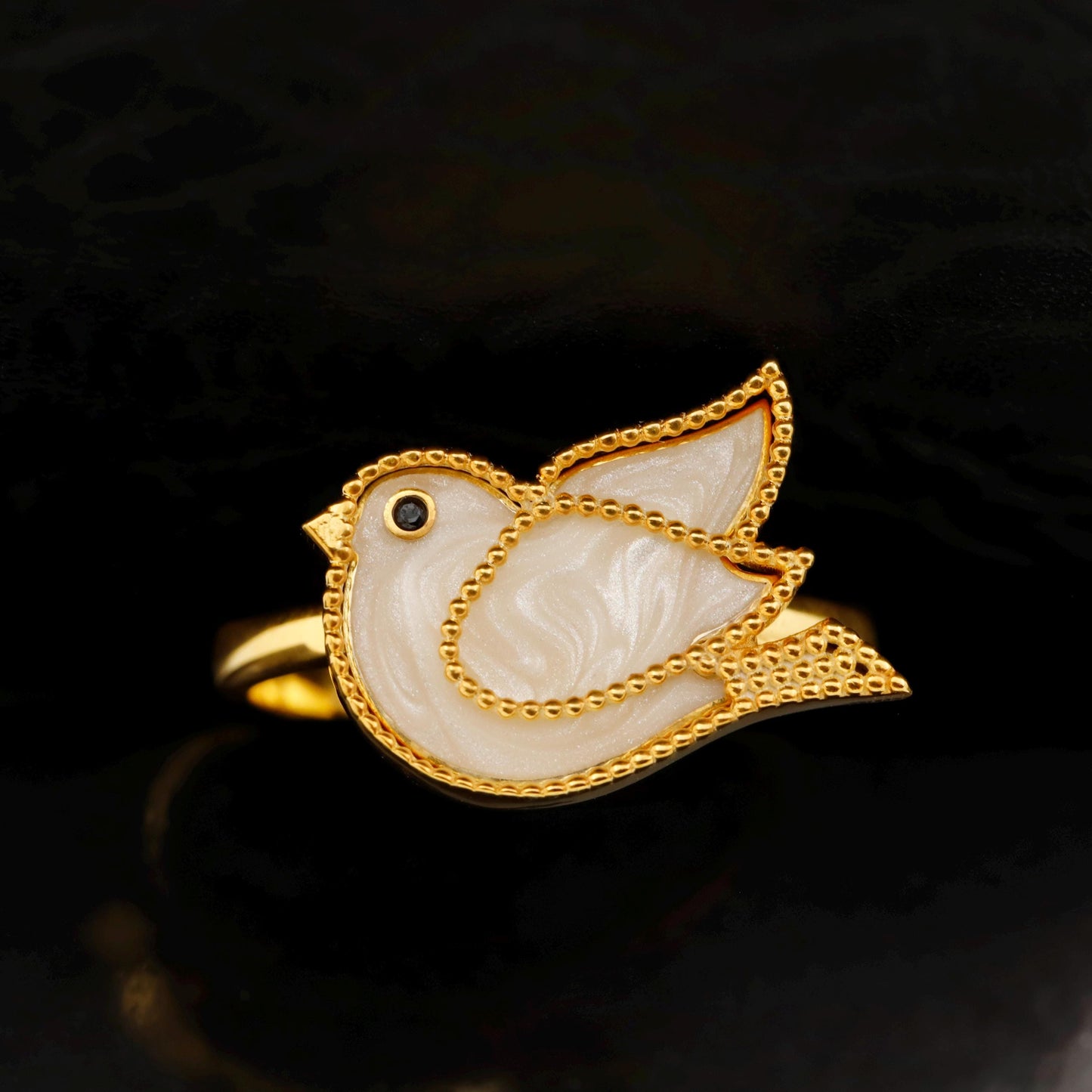 White Enamel Gold Bird Ring, Sterling Silver Peace Dove Statement Jewelry