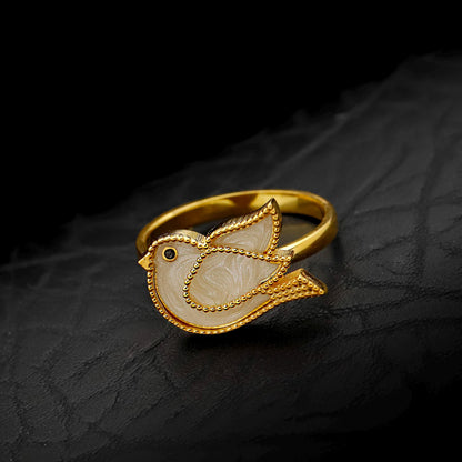 White Enamel Gold Bird Ring, Sterling Silver Peace Dove Statement Jewelry