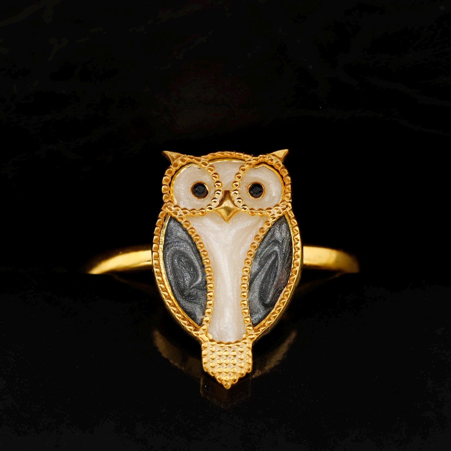 Embroidered Enamel Owl Ring, 925 Sterling Silver, Gold Tone, Statement Animal Jewelry