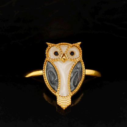 Embroidered Enamel Owl Ring, 925 Sterling Silver, Gold Tone, Statement Animal Jewelry