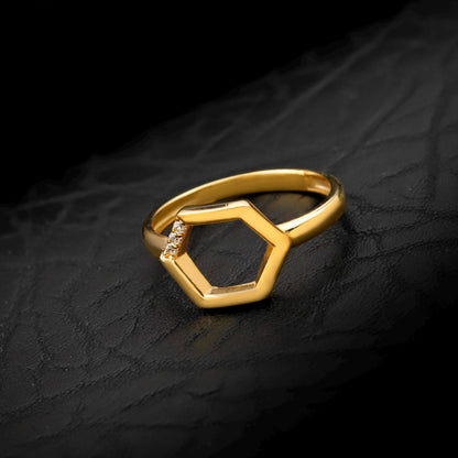 Gold Geometric Hexagon Ring, Sterling Silver, CZ Diamond Accent, Modern Statement Jewelry