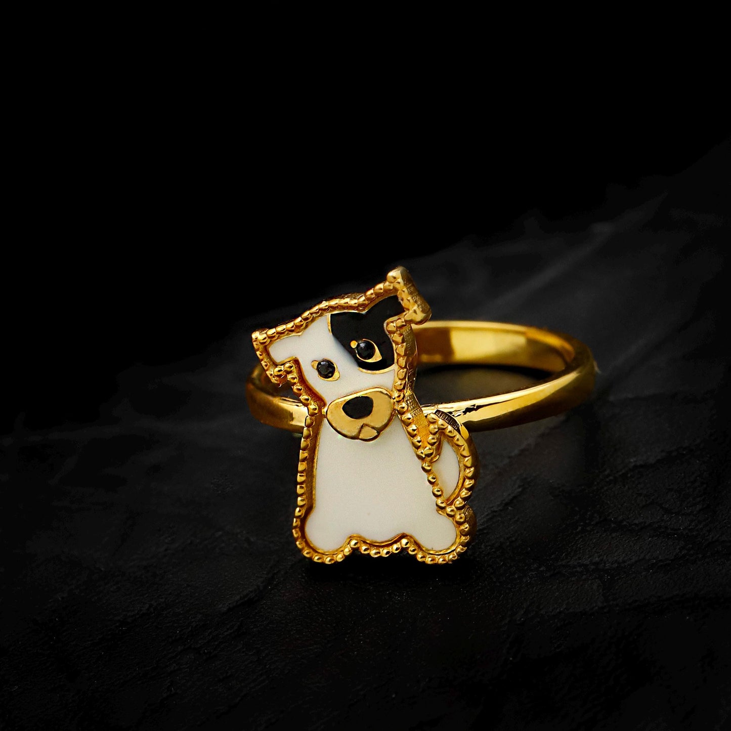 Enamel Dog Ring, 925 Sterling Silver, Gold Toned, Black White Dog Jewelry