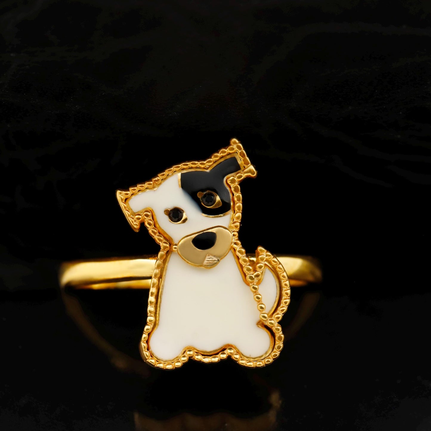 Enamel Dog Ring, 925 Sterling Silver, Gold Toned, Black White Dog Jewelry