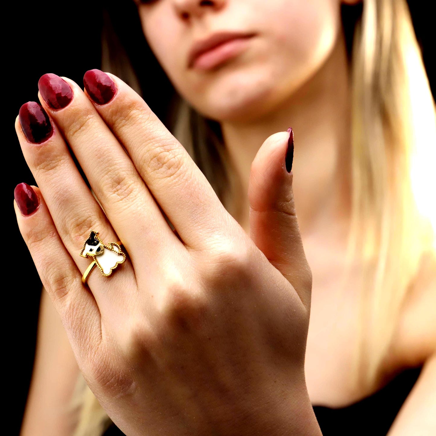 Enamel Dog Ring, 925 Sterling Silver, Gold Toned, Black White Dog Jewelry