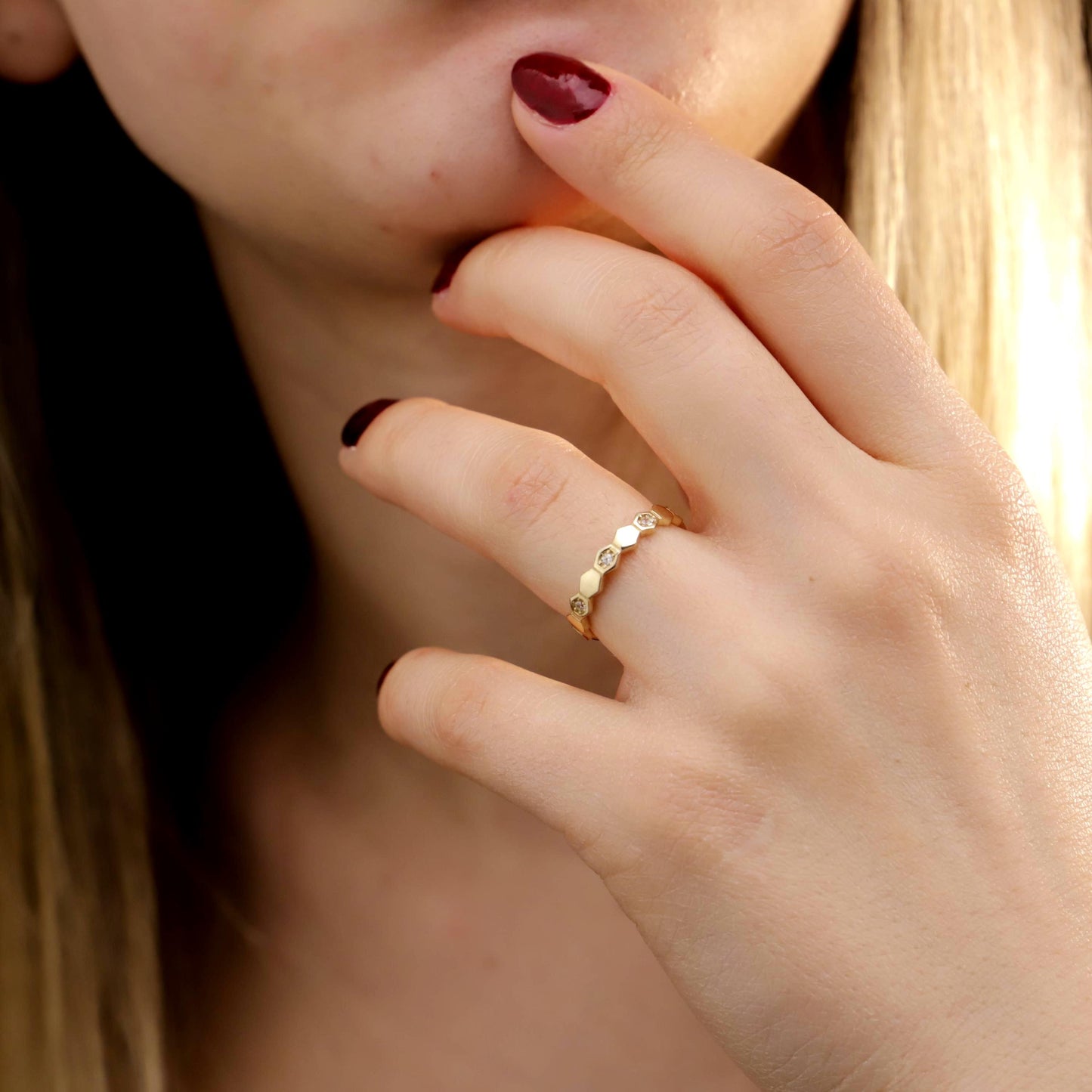 Geometric Hexagon Band Ring, Sterling Silver, CZ Diamond Accents, Modern Statement Jewelry