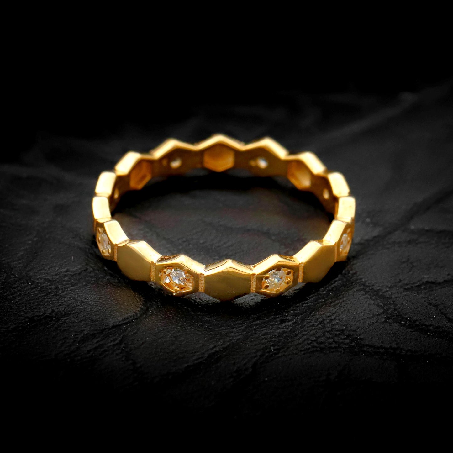 Geometric Hexagon Band Ring, Sterling Silver, CZ Diamond Accents, Modern Statement Jewelry