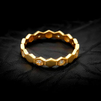 Geometric Hexagon Band Ring, Sterling Silver, CZ Diamond Accents, Modern Statement Jewelry