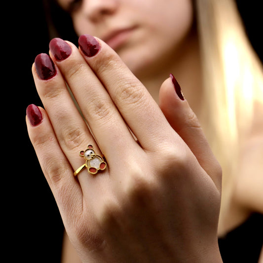 Enamel Teddy Bear Ring, 925 Sterling Silver, Gold-Toned, Whimsical Animal Jewelry