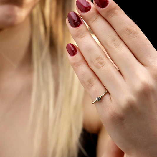 Gold Beaded Solitaire Ring, Sterling Silver, CZ Diamond, Geometric Statement Piece