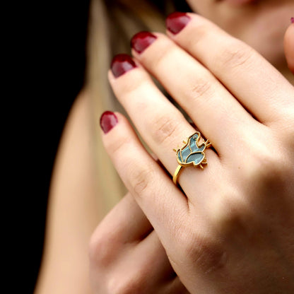 Embroidered Frog Ring, 925 Sterling Silver, Green Enamel, Gold Tone, CZ Stone Detail