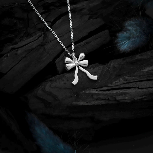 Sterling Silver Ribbon Bow Necklace, Dainty Minimalist Pendant, Coquette Style Jewelry