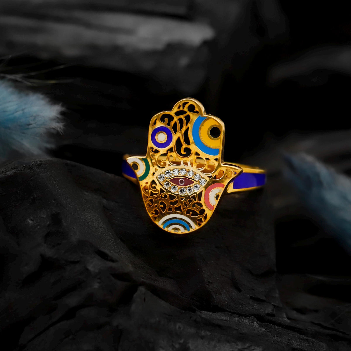 Gold Enamel Hamsa Ring, Sterling Silver Evil Eye Fatima Jewelry