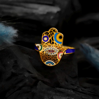 Gold Enamel Hamsa Ring, Sterling Silver Evil Eye Fatima Jewelry