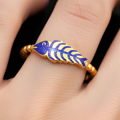 Gold Fish Bone Ring, Blue Enamel Sterling Silver, Nature Inspired Jewelry