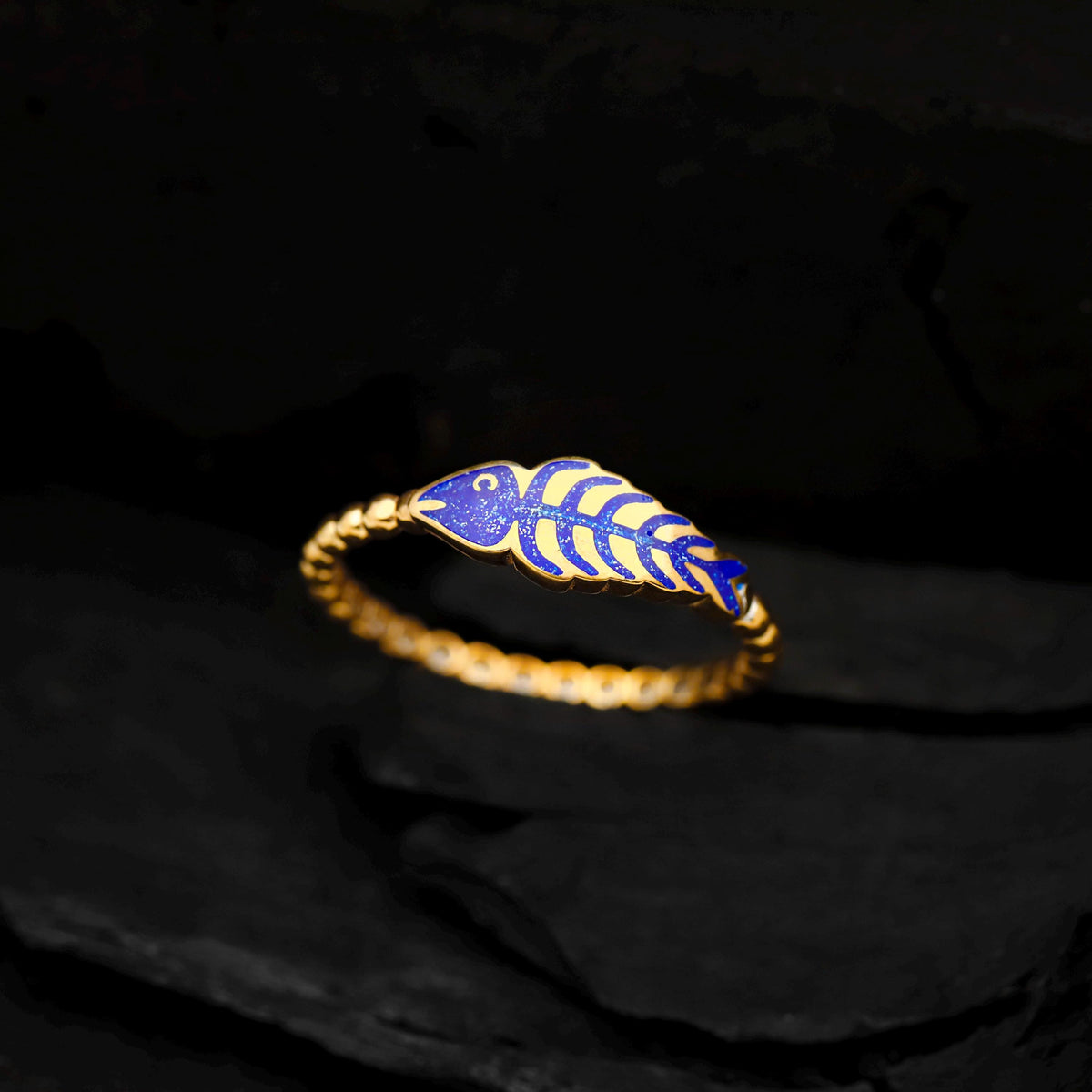 Gold Fish Bone Ring, Blue Enamel Sterling Silver, Nature Inspired Jewelry