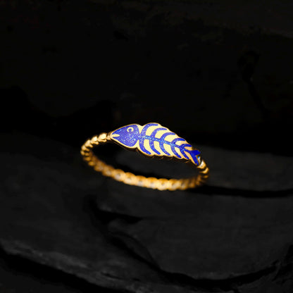 Gold Fish Bone Ring, Blue Enamel Sterling Silver, Nature Inspired Jewelry