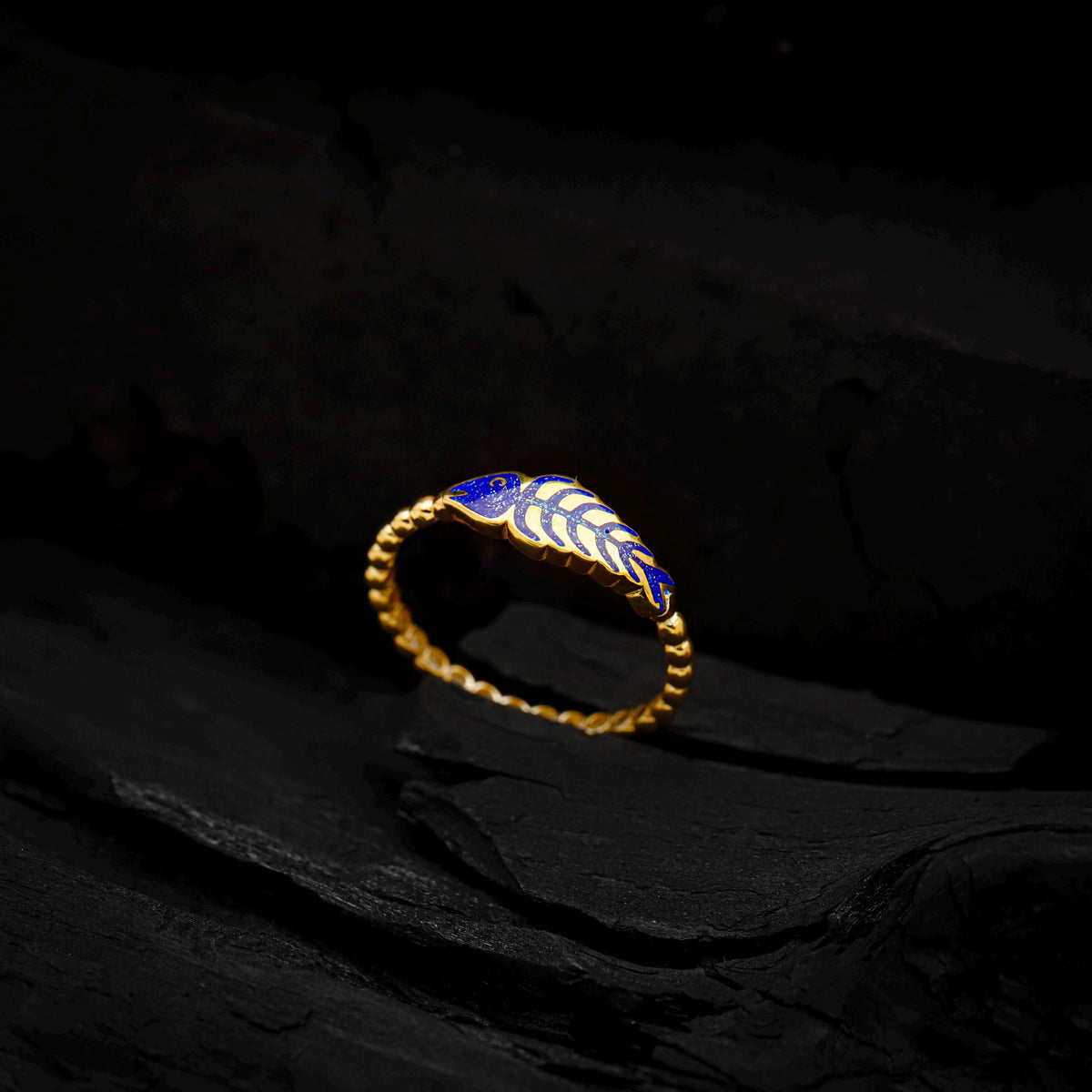 Gold Fish Bone Ring, Blue Enamel Sterling Silver, Nature Inspired Jewelry