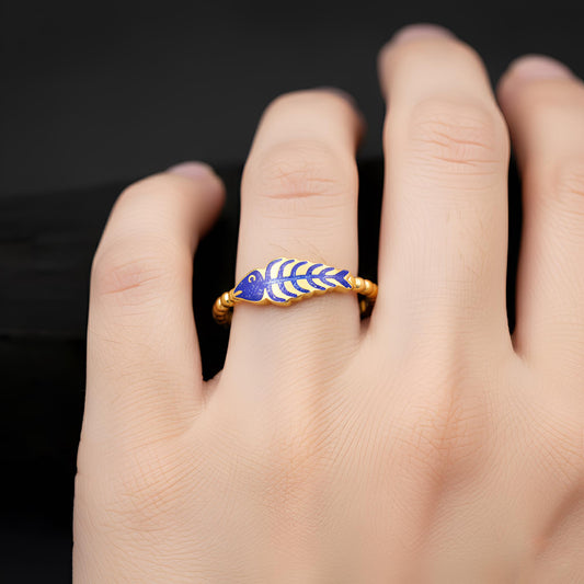 Gold Fish Bone Ring, Blue Enamel Sterling Silver, Nature Inspired Jewelry