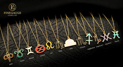 Enamel Gold Zodiac Symbol Necklace, Sterling Silver, Minimalist Horoscope Pendant, Astrology Jewelry