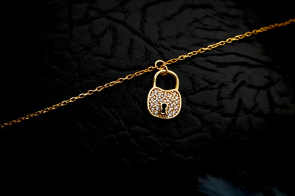 Gold Padlock Anklet, Sterling Silver, Cubic Zirconia Charm, Minimalist Everyday Jewelry