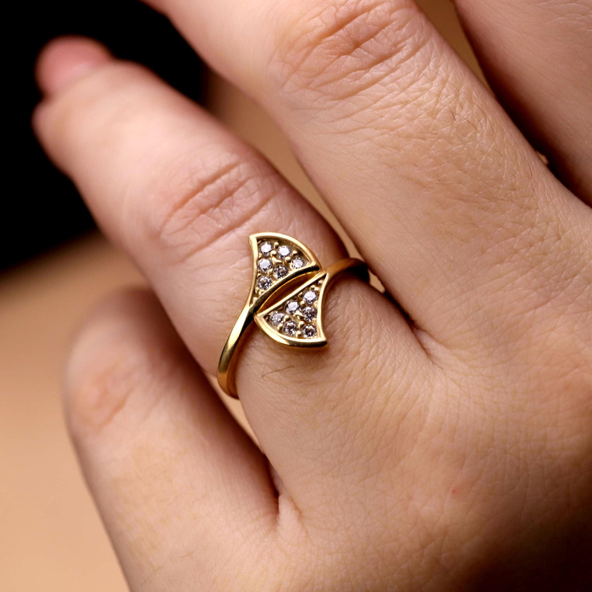 Gold Fan Ring, Sterling Silver, Pave CZ Stones, Elegant Statement Jewelry