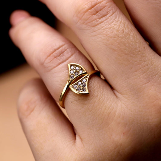 Gold Fan Ring, Sterling Silver, Pave CZ Stones, Elegant Statement Jewelry