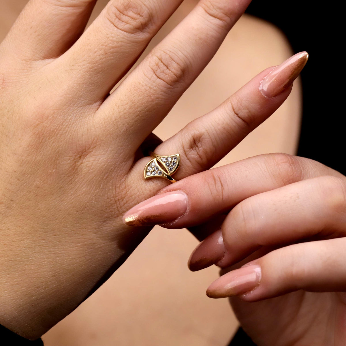 Gold Fan Ring, Sterling Silver, Pave CZ Stones, Elegant Statement Jewelry