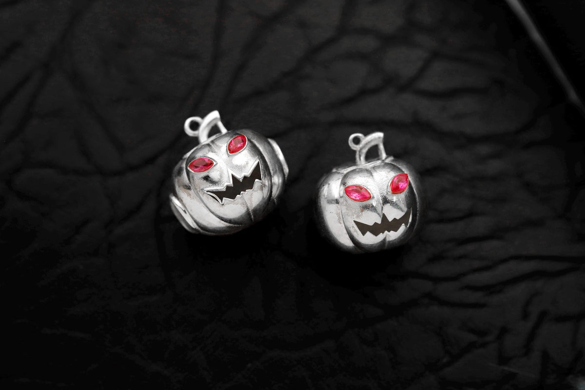 3D Enamel Pumpkin Necklace, Sterling Silver, CZ Diamond Detail, Fall Autumn Jewelry