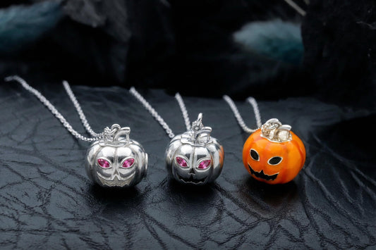 3D Enamel Pumpkin Necklace, Sterling Silver, CZ Diamond Detail, Fall Autumn Jewelry