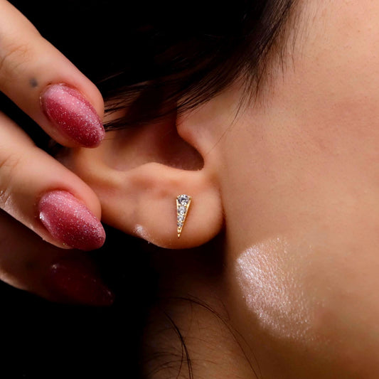 Gold Cz Pyramid Stud Earring, 925 Sterling Silver, Micro Pave Geometric Minimalist Jewelry