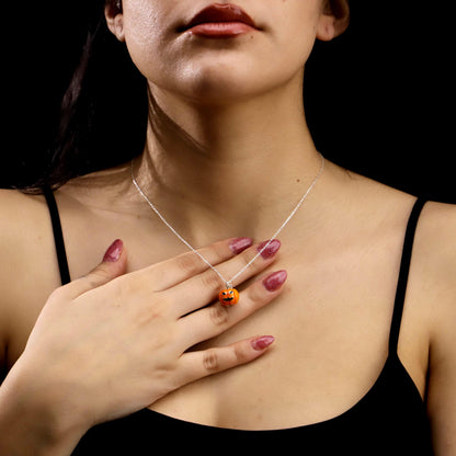 3D Enamel Pumpkin Necklace, Sterling Silver, CZ Diamond Detail, Fall Autumn Jewelry