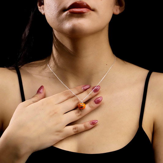 3D Enamel Pumpkin Necklace, Sterling Silver, CZ Diamond Detail, Fall Autumn Jewelry