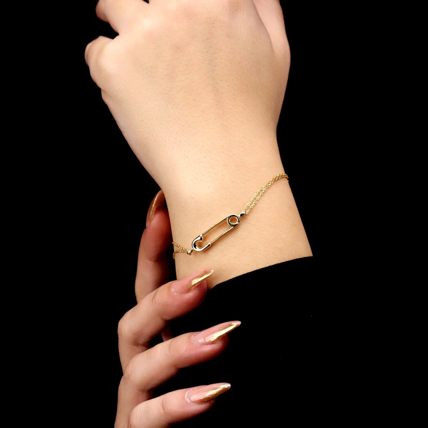 14K Gold Filled Safety Pin Bracelet, Sterling Silver, Double Chain, Minimalist Protection Jewelry