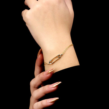 14K Gold Filled Safety Pin Bracelet, Sterling Silver, Double Chain, Minimalist Protection Jewelry