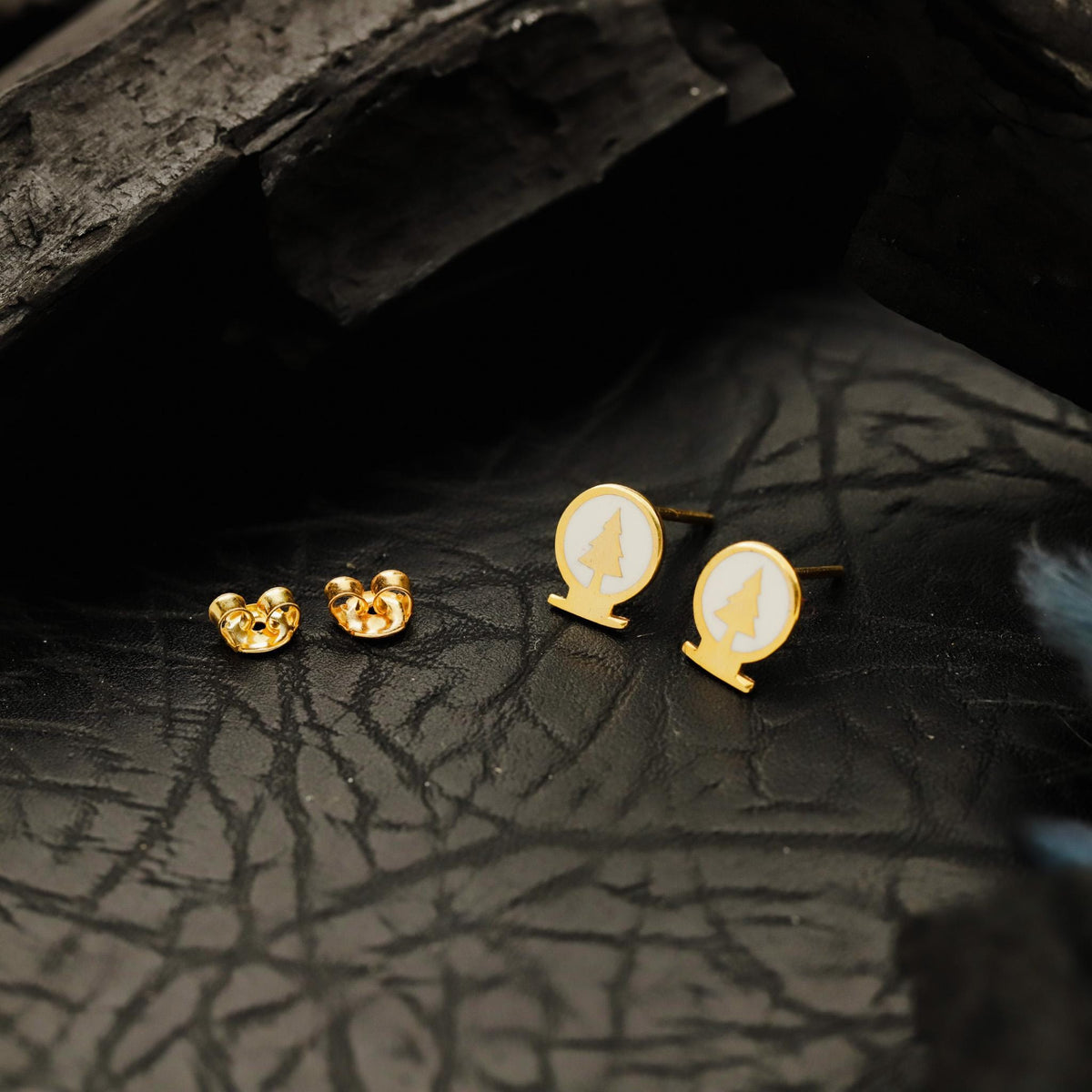 Enamel Snow Globe Pine Tree Stud Earrings, 925 Sterling Silver, Minimalist Winter Jewelry