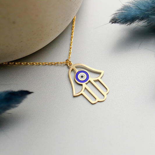 Enamel Hamsa Hand Necklace, Evil Eye Charm, 925 Sterling Silver, Dainty Daily Jewelry
