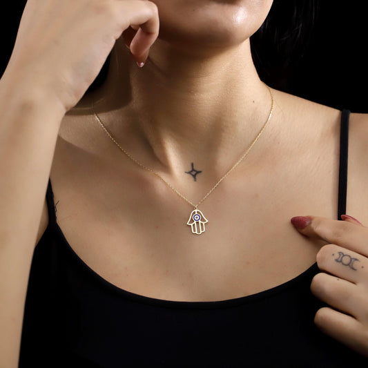 Enamel Hamsa Hand Necklace, Evil Eye Charm, 925 Sterling Silver, Dainty Daily Jewelry