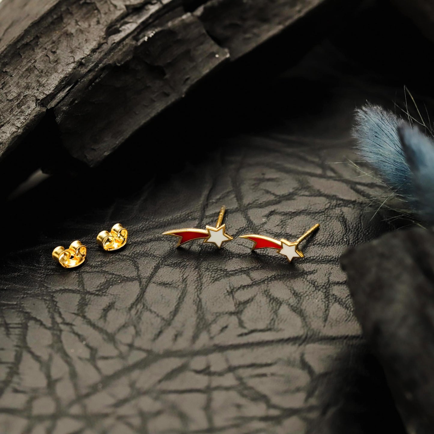 Enamel Falling Star Stud Earrings, 925 Sterling Silver, Red White Gold Finish