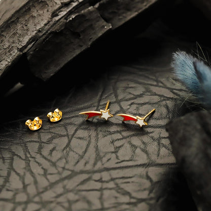 Enamel Falling Star Stud Earrings, 925 Sterling Silver, Red White Gold Finish