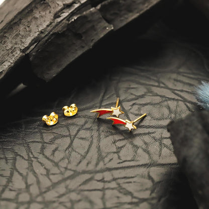 Enamel Falling Star Stud Earrings, 925 Sterling Silver, Red White Gold Finish