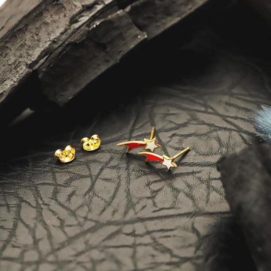Enamel Falling Star Stud Earrings, 925 Sterling Silver, Red White Gold Finish
