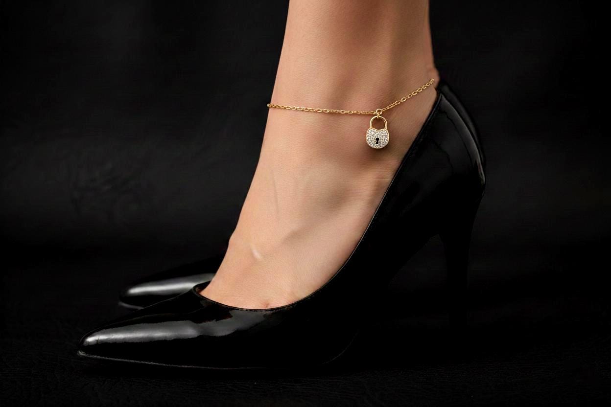 Gold Padlock Anklet, Sterling Silver, Cubic Zirconia Charm, Minimalist Everyday Jewelry