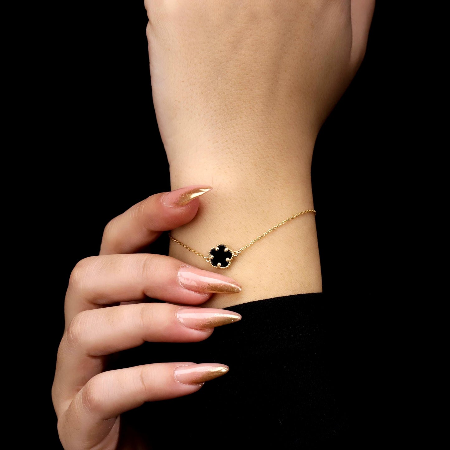 Black Enamel Clover Bracelet, 925 Sterling Silver, Gold Filled, Minimalist Lucky Charm