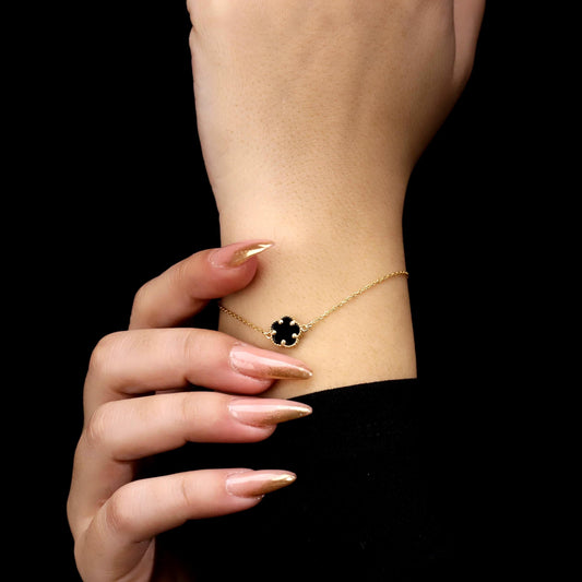 Black Enamel Clover Bracelet, 925 Sterling Silver, Gold Filled, Minimalist Lucky Charm