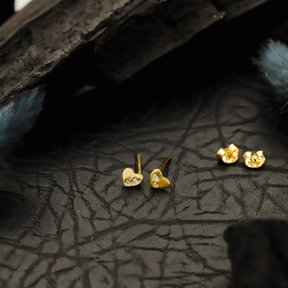 Golden Heart Stud Earrings, Sterling Silver Pave CZ Tiny Jewelry