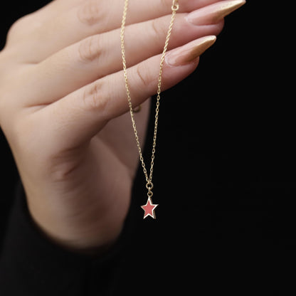 Gold Red Star Necklace, Enamel Star Pendant, Dainty Minimalist Charm Gift for Her