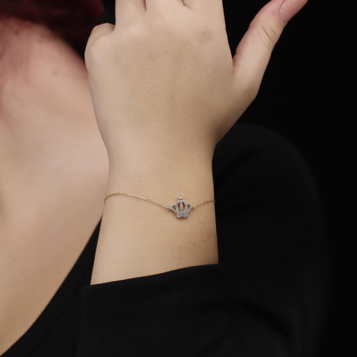Gold Crown Bracelet, Dainty Pave Sterling Silver Jewelry