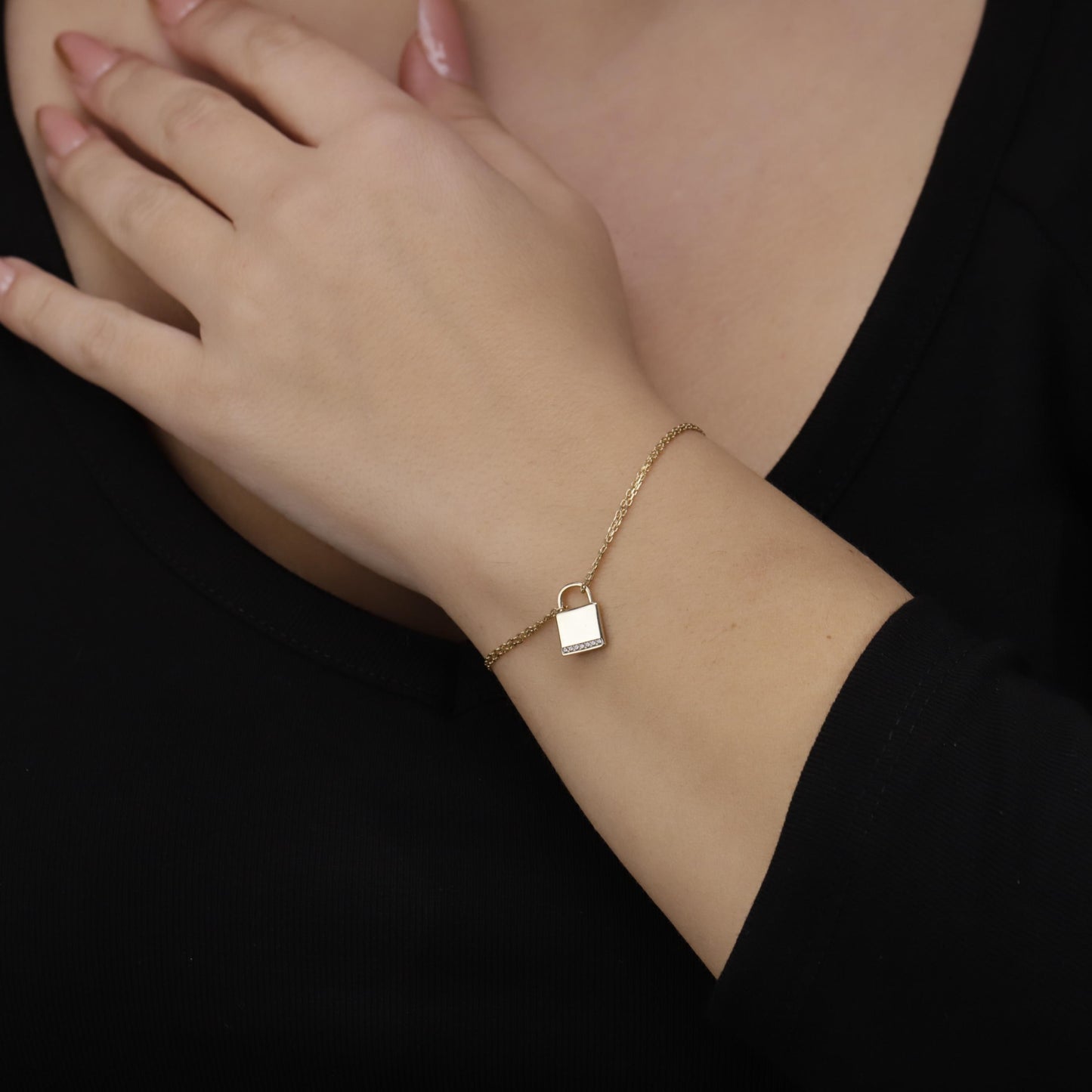 Gold Padlock Bracelet, CZ Pave Lock, Sterling Silver