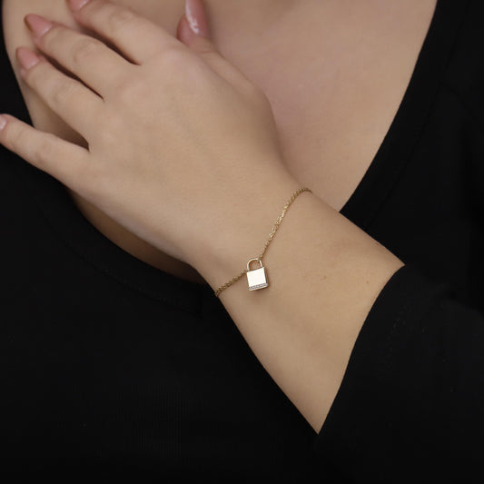 Gold Padlock Bracelet, CZ Pave Lock, Sterling Silver
